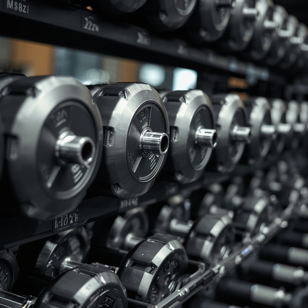 Close up shot of heavy metal dumbbells stacked neatly on a rack in a premium fitness club, cinematic lighting